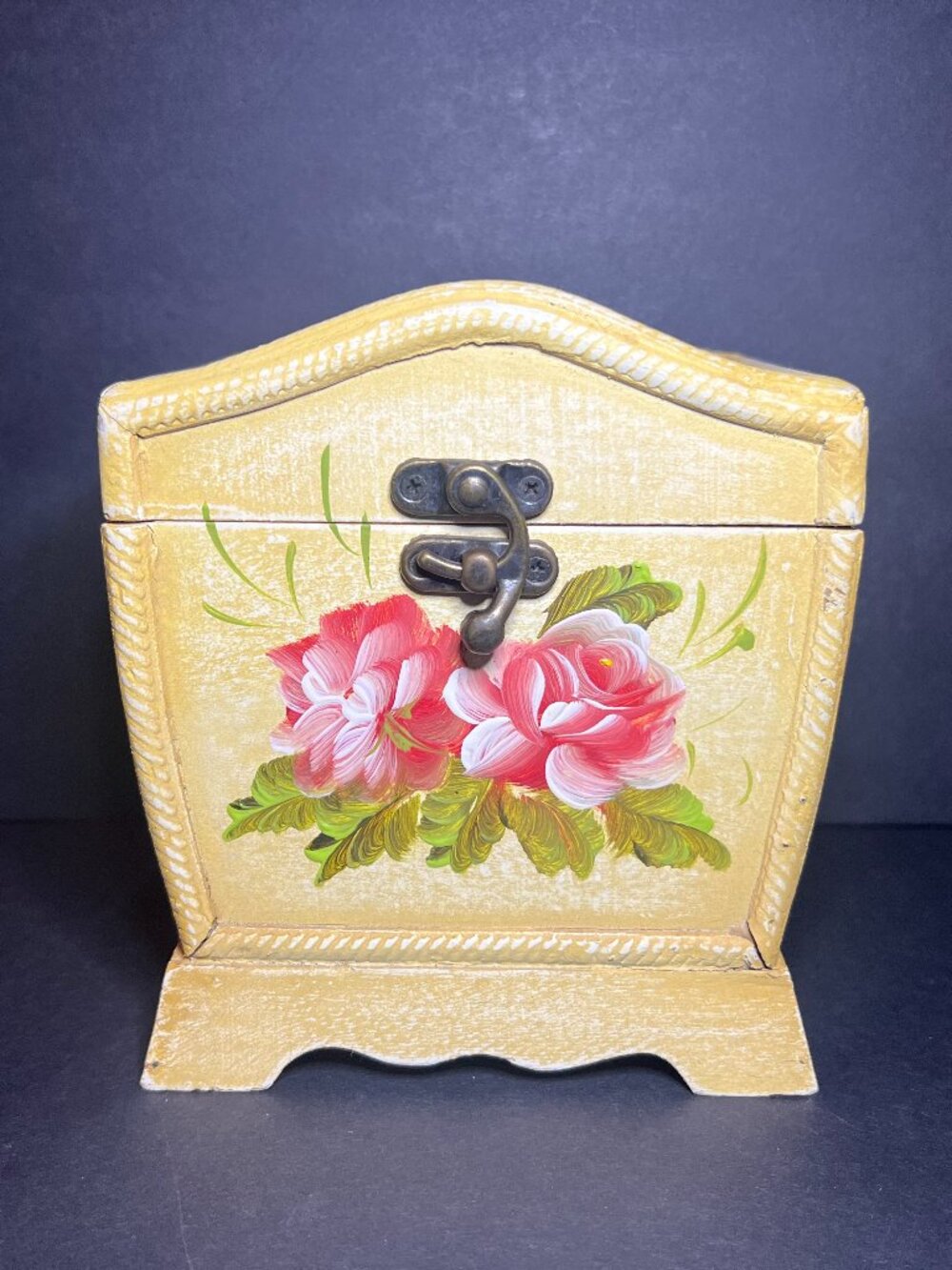 Vintage Hand Painted Floral Rose Motif Jewelry Trinket Box w/ Hinged Lid & Latch